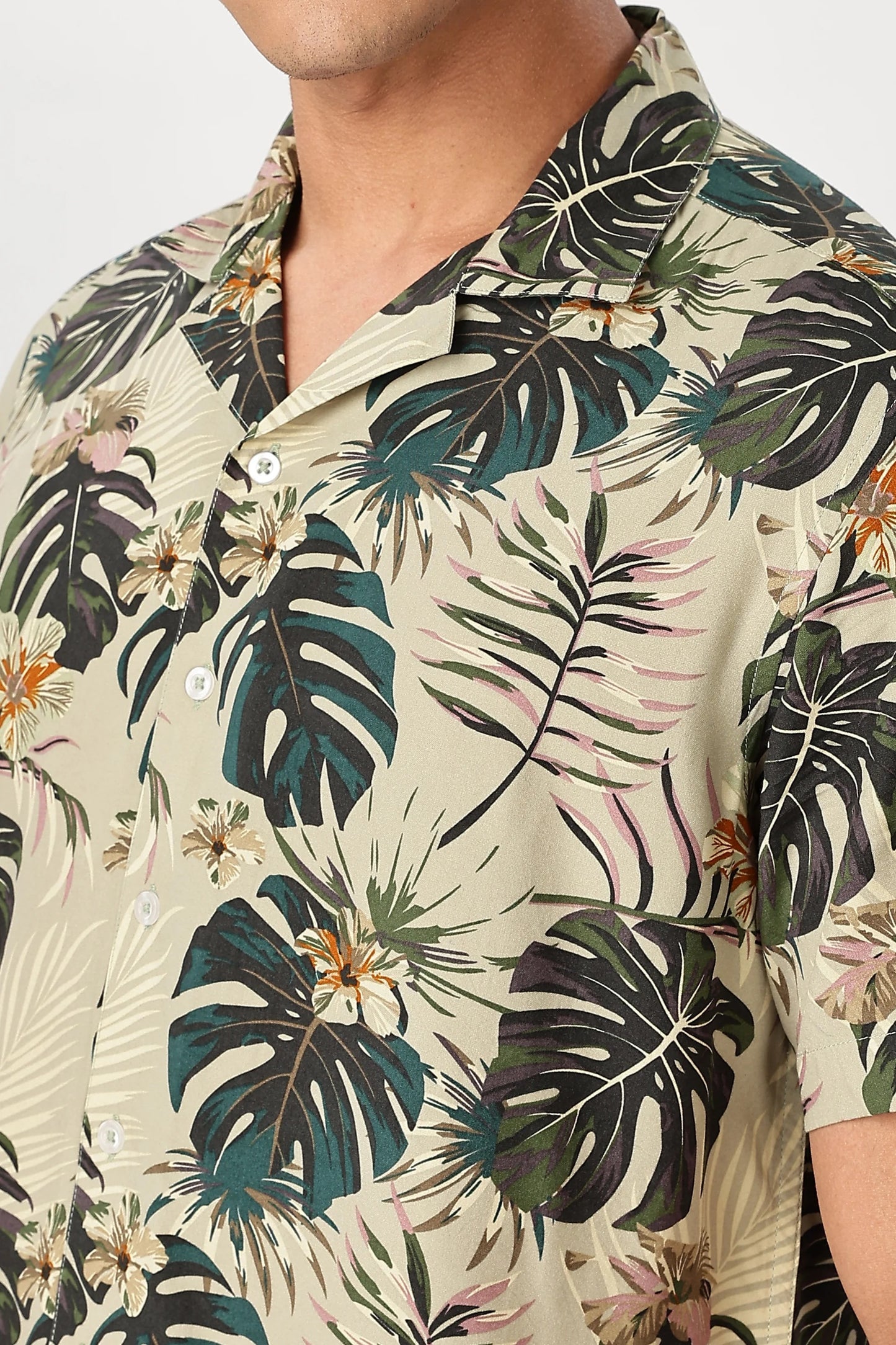 Premium Men's Beige Tropical Leaf Print Cuban Collar Half Sleeve Casual Shirt