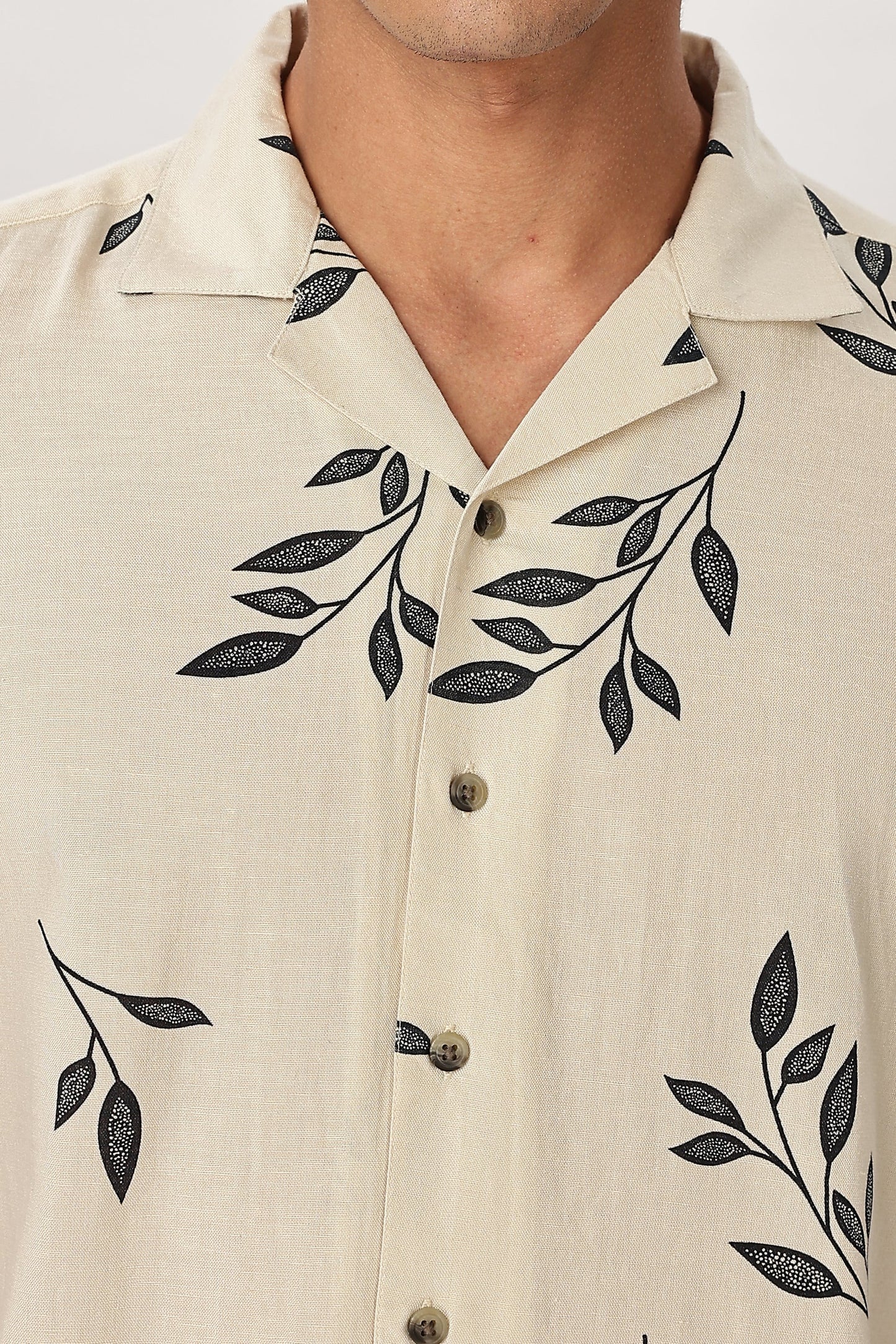 Premium Men's Off White Botanical Print Cuban Collar Half Sleeve Casual Shirt