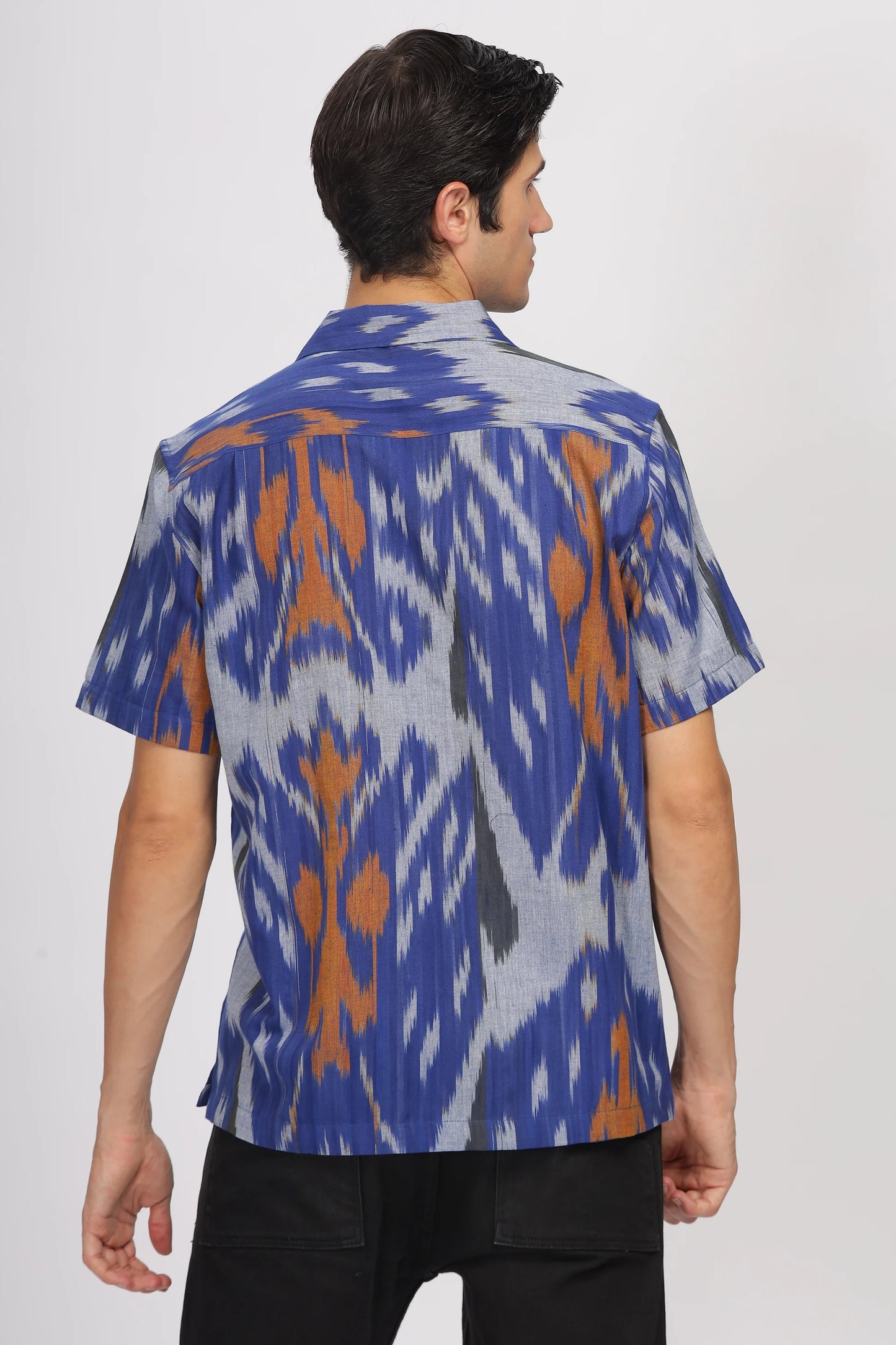 Premium Men's Blue Ikat Print Cuban Collar Half Sleeve Casual Shirt