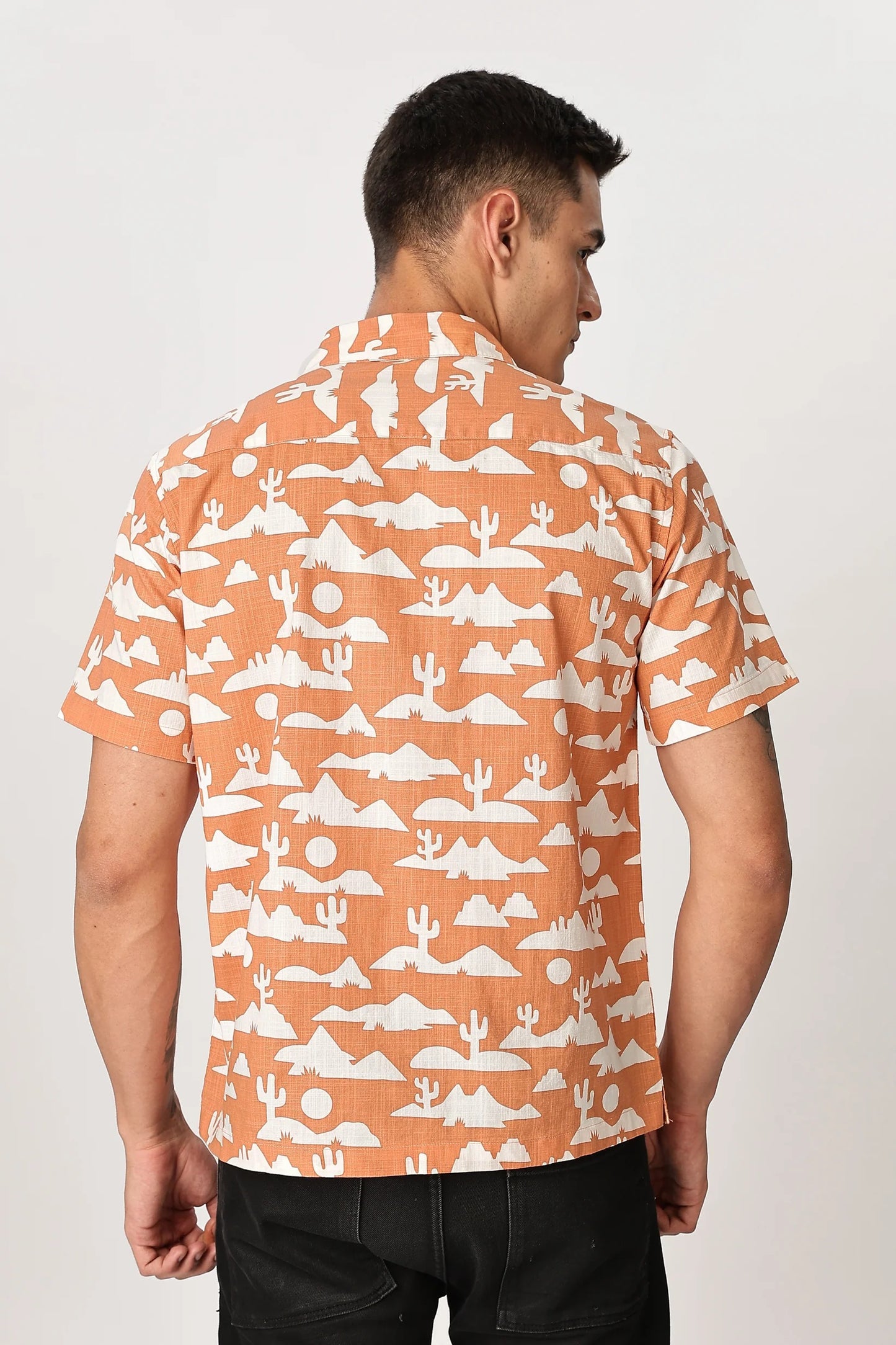 Premium Men's Peach Desert Print Cuban Collar Half Sleeve Casual Shirt