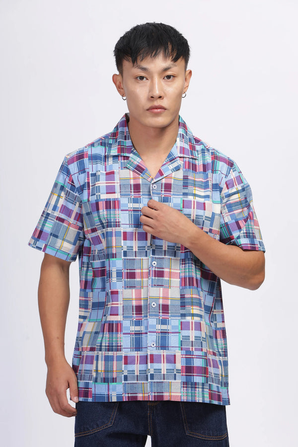 Premium Men's Blue Multicolor Check Print Cuban Collar Half Sleeve Casual Shirt