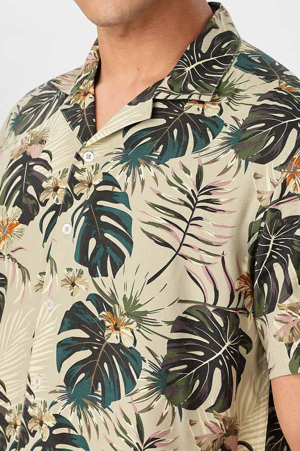 Premium Men's Beige Tropical Leaf Print Cuban Collar Half Sleeve Casual Shirt