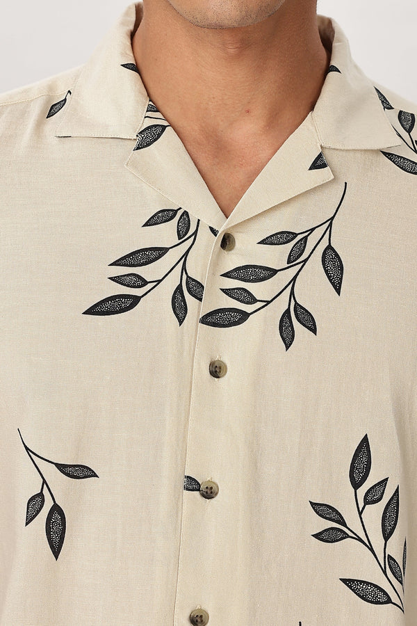 Premium Men's Off White Botanical Print Cuban Collar Half Sleeve Casual Shirt