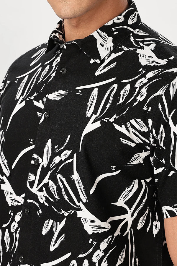 Premium Men's Black Abstract Print Cuban Collar Half Sleeve Casual Shirt