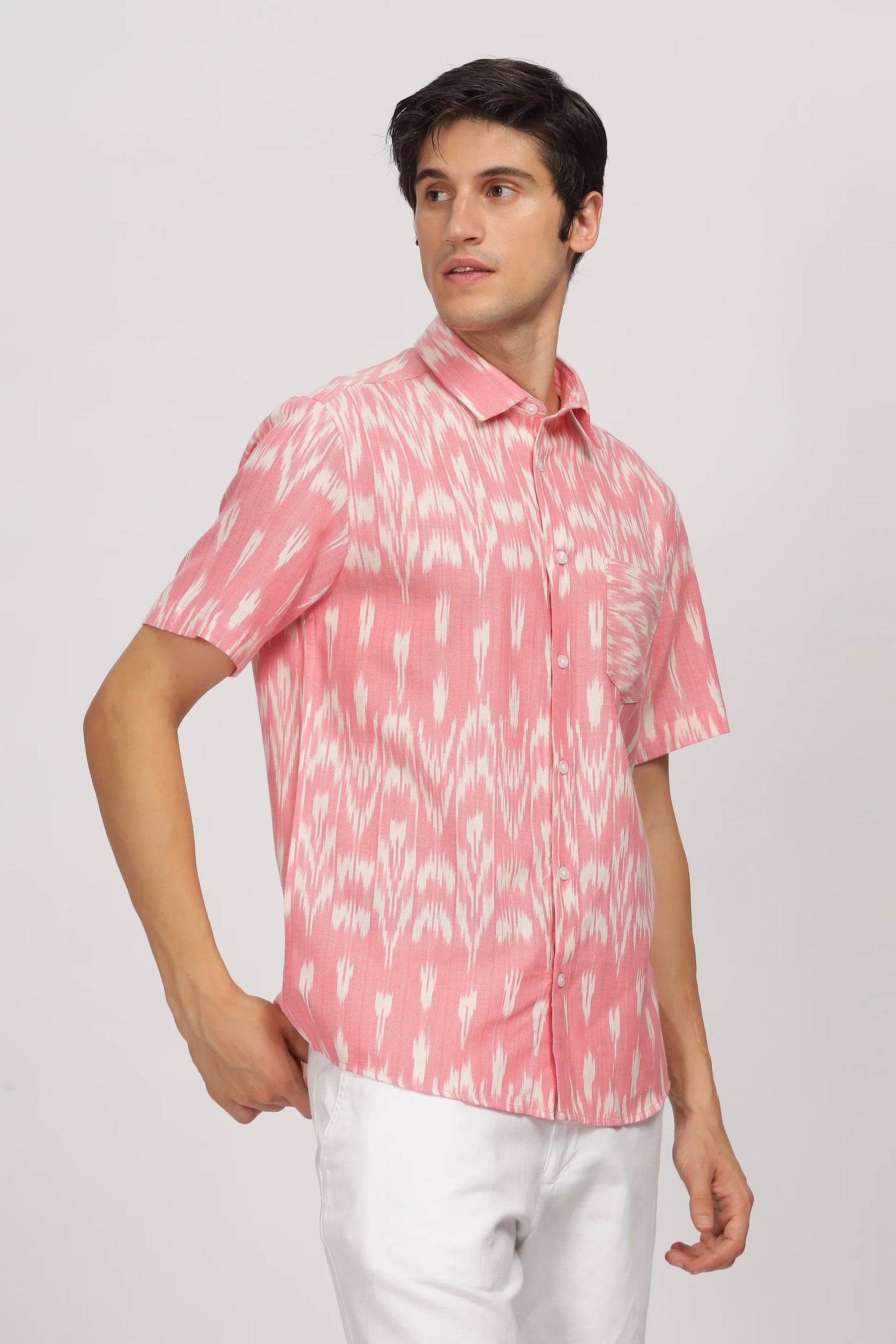 Premium Men's Pink Ikat Print Half Sleeve Casual Shirt