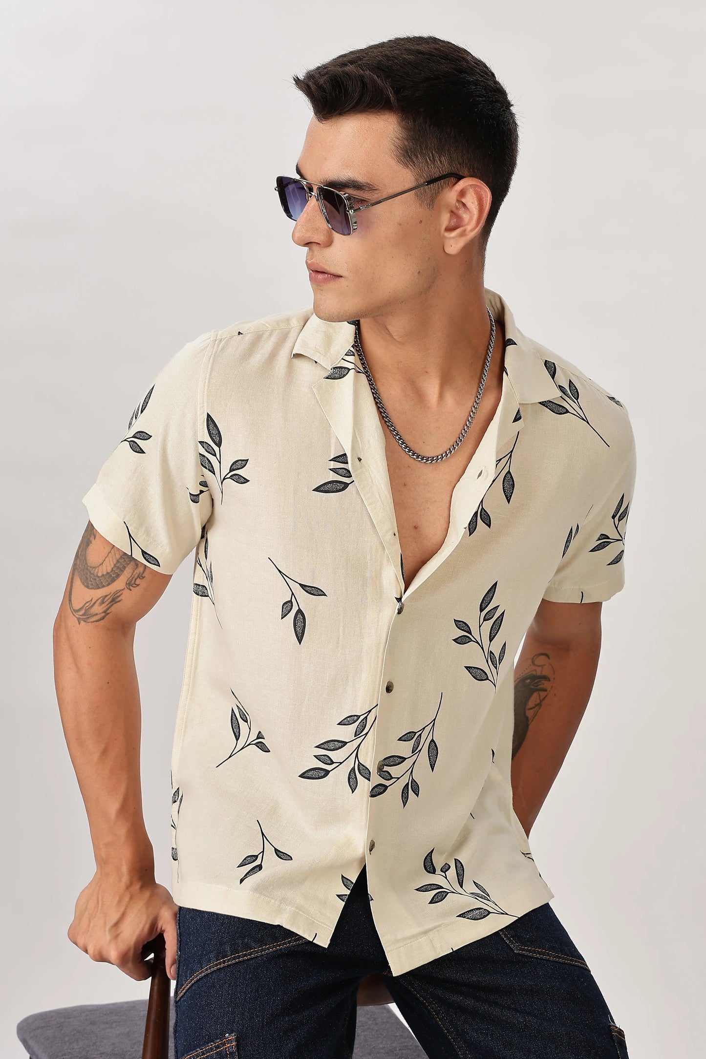 Premium Men's Off White Botanical Print Cuban Collar Half Sleeve Casual Shirt