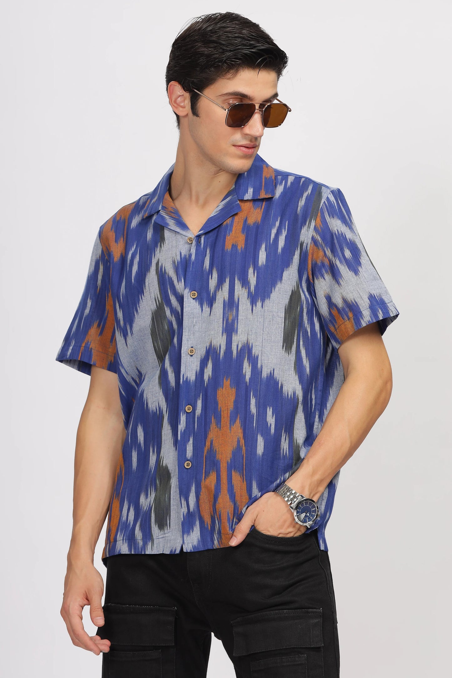 Premium Men's Blue Ikat Print Cuban Collar Half Sleeve Casual Shirt