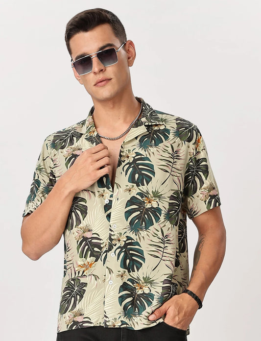 Premium Men's Beige Tropical Leaf Print Cuban Collar Half Sleeve Casual Shirt