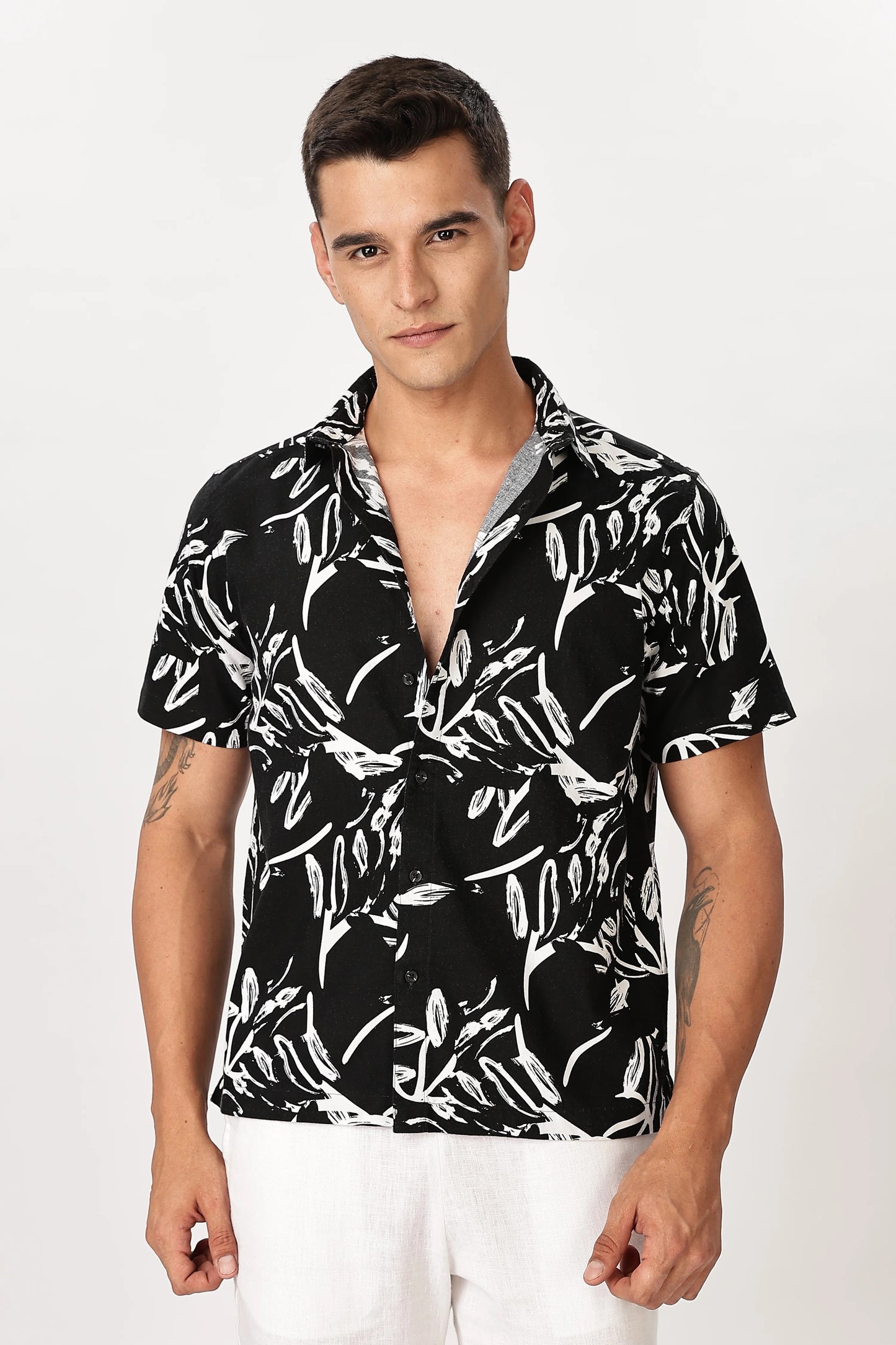 Premium Men's Black Abstract Print Cuban Collar Half Sleeve Casual Shirt