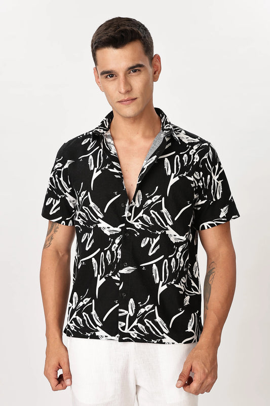 Premium Men's Black Abstract Print Cuban Collar Half Sleeve Casual Shirt