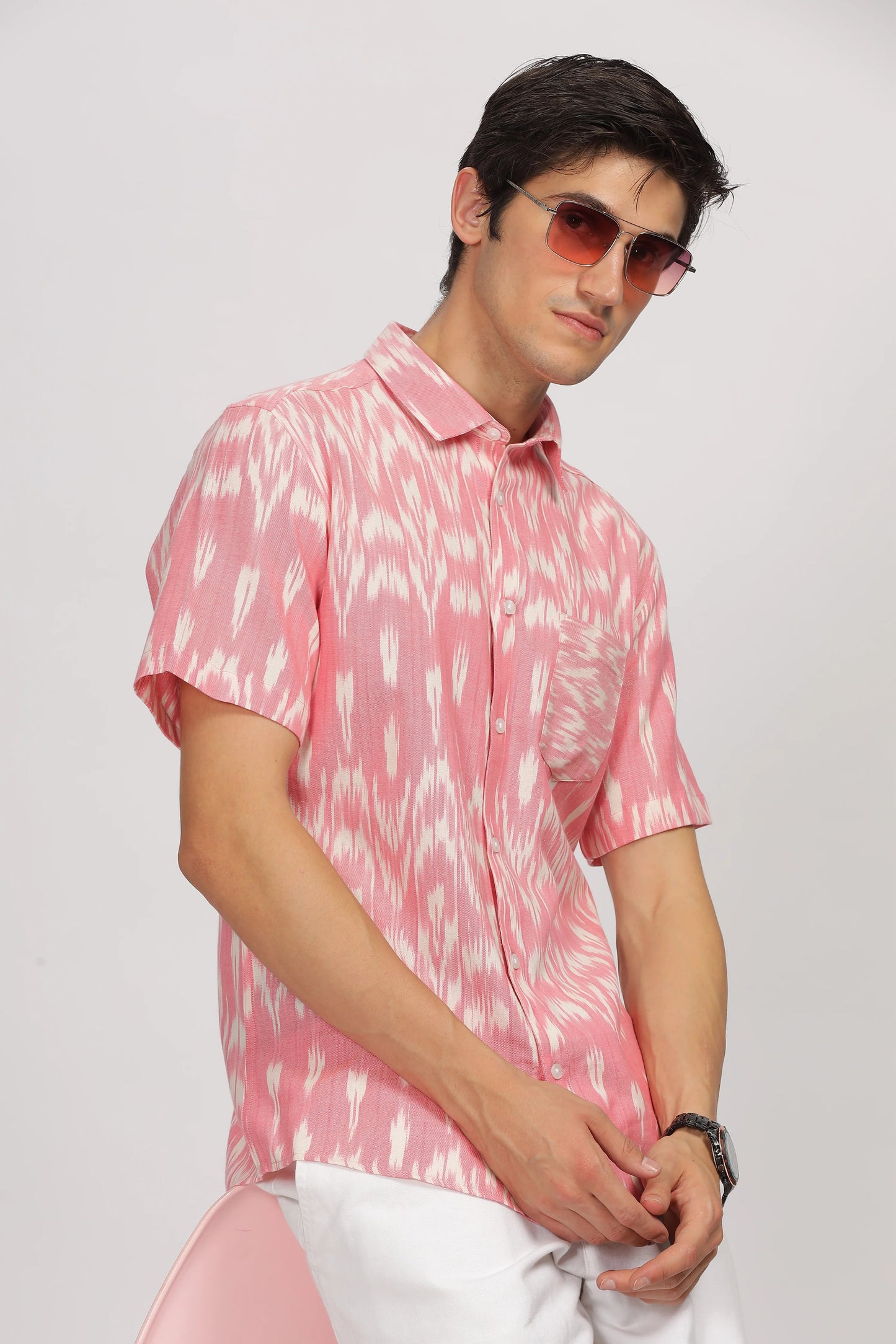 Premium Men's Pink Ikat Print Half Sleeve Casual Shirt