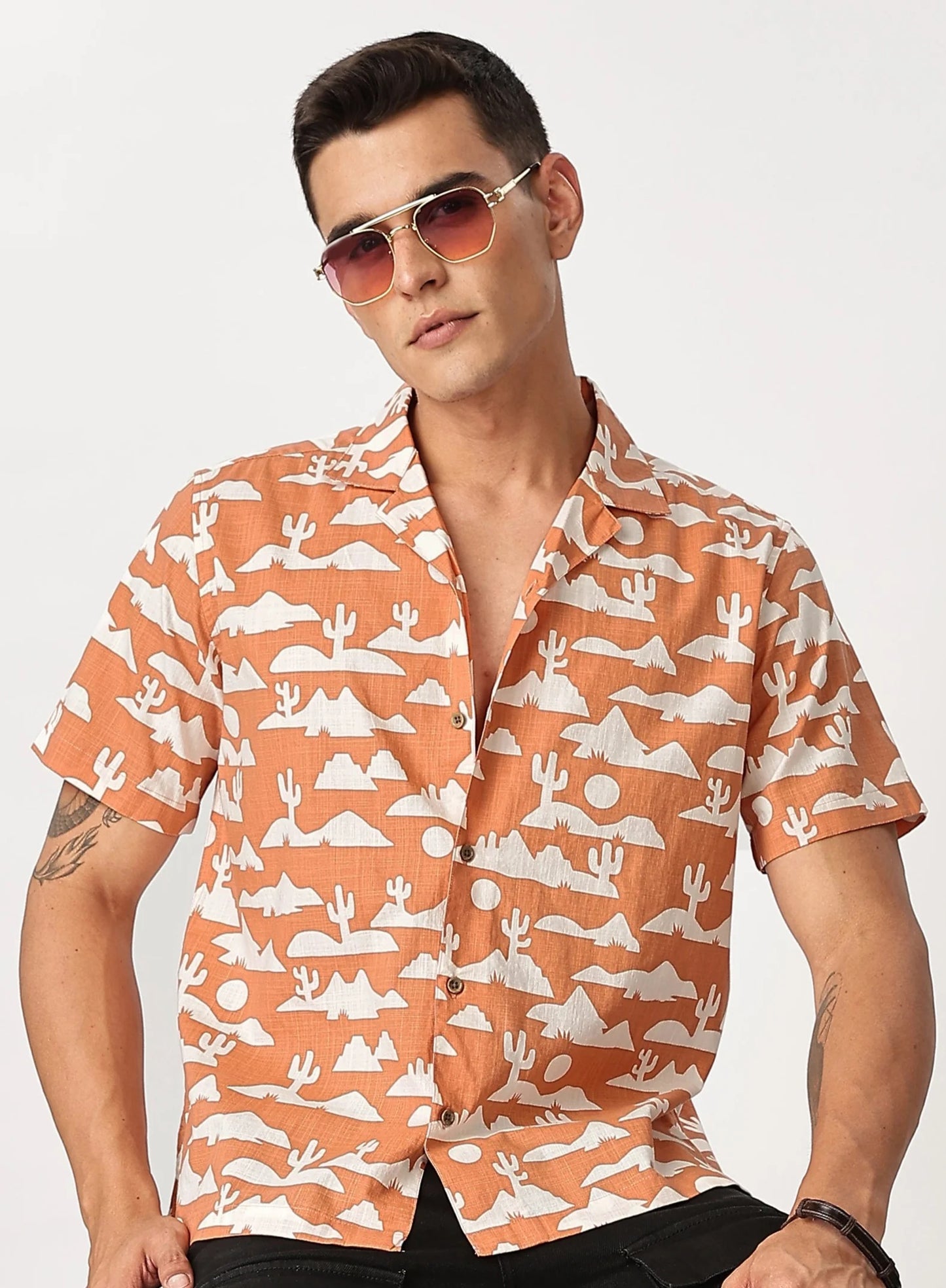 Premium Men's Peach Desert Print Cuban Collar Half Sleeve Casual Shirt