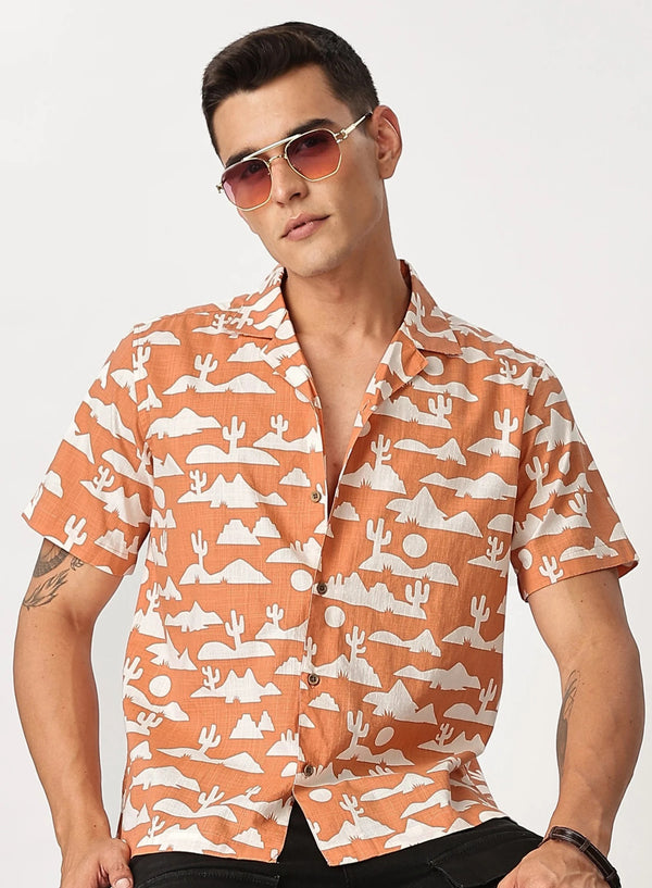 Premium Men's Peach Desert Print Cuban Collar Half Sleeve Casual Shirt