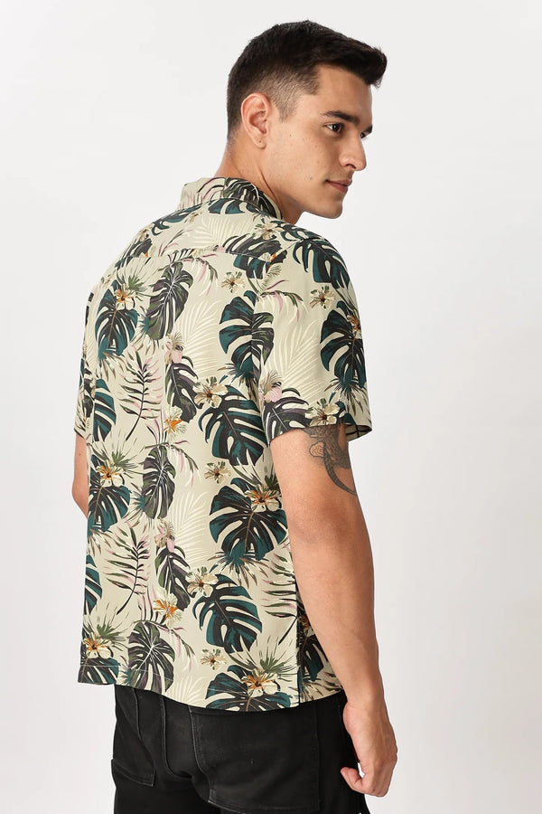 Premium Men's Beige Tropical Leaf Print Cuban Collar Half Sleeve Casual Shirt