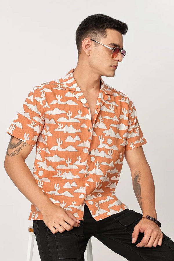 Premium Men's Peach Desert Print Cuban Collar Half Sleeve Casual Shirt