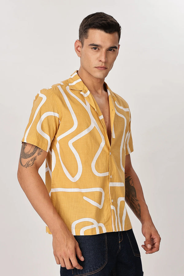 Premium Men's Mustard Abstract Print Cuban Collar Half Sleeve Casual Shirt