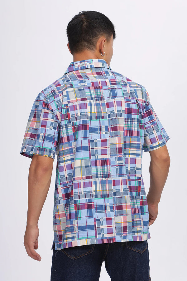 Premium Men's Blue Multicolor Check Print Cuban Collar Half Sleeve Casual Shirt