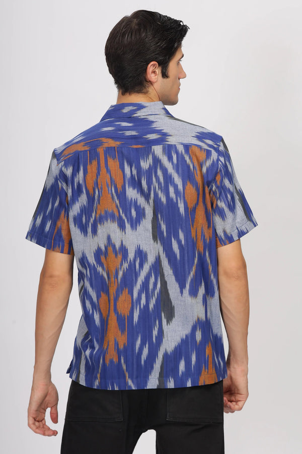 Premium Men's Blue Ikat Print Cuban Collar Half Sleeve Casual Shirt