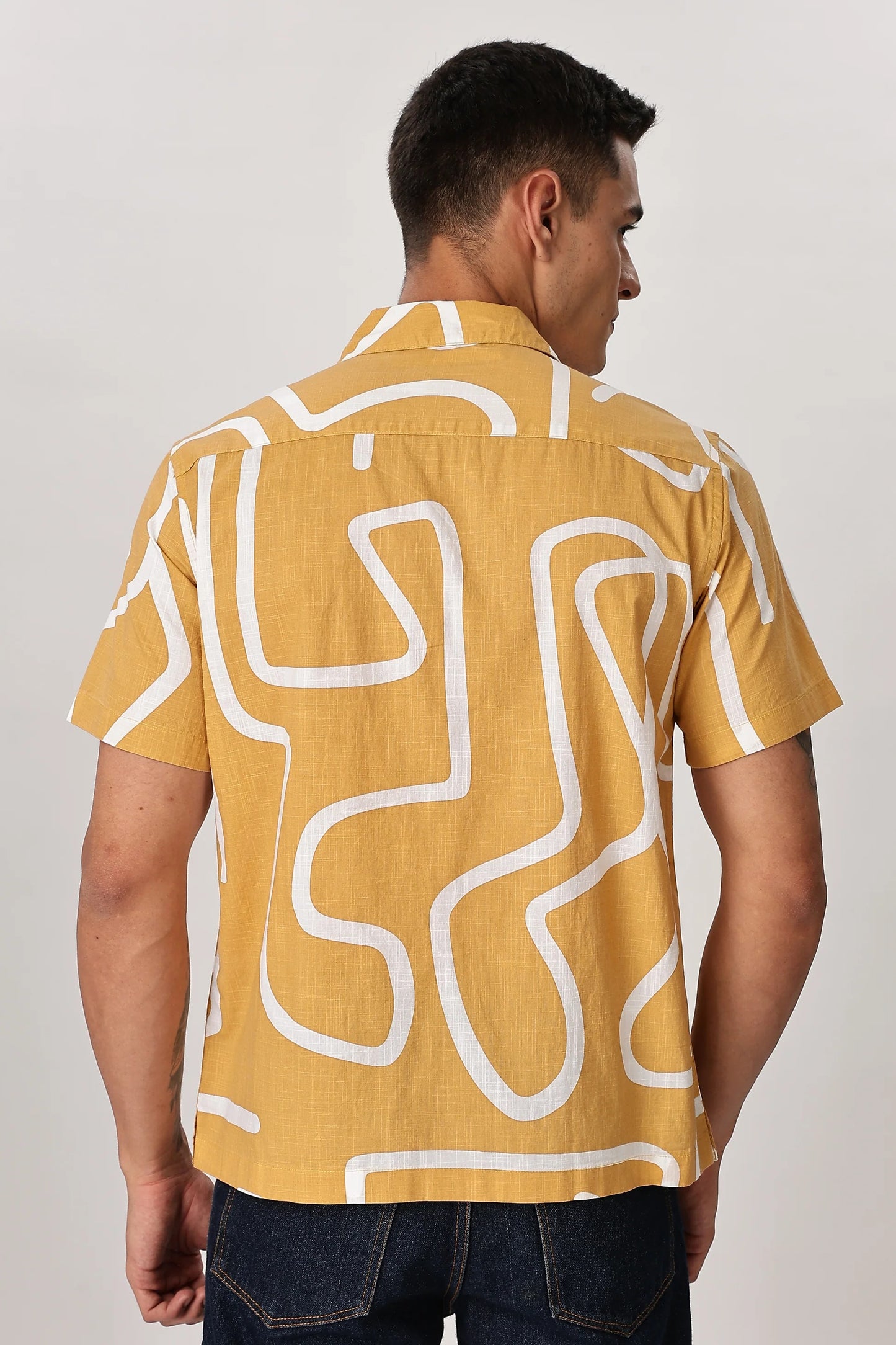 Premium Men's Mustard Abstract Print Cuban Collar Half Sleeve Casual Shirt