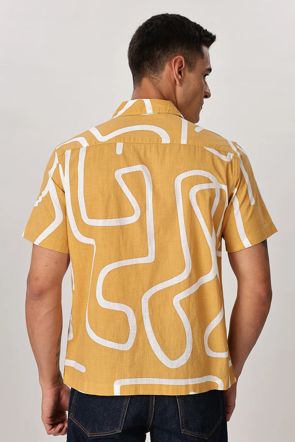 Premium Men's Mustard Abstract Print Cuban Collar Half Sleeve Casual Shirt