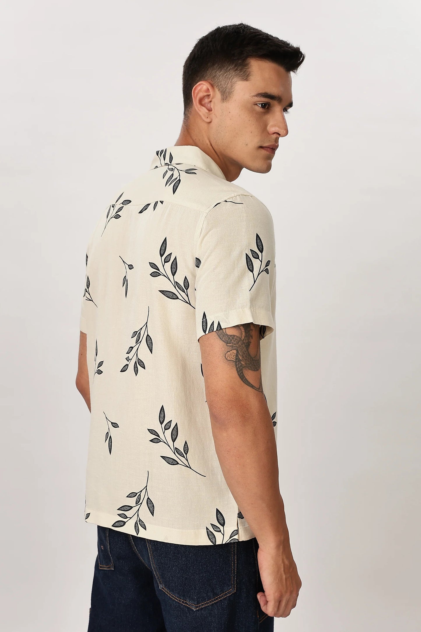 Premium Men's Off White Botanical Print Cuban Collar Half Sleeve Casual Shirt